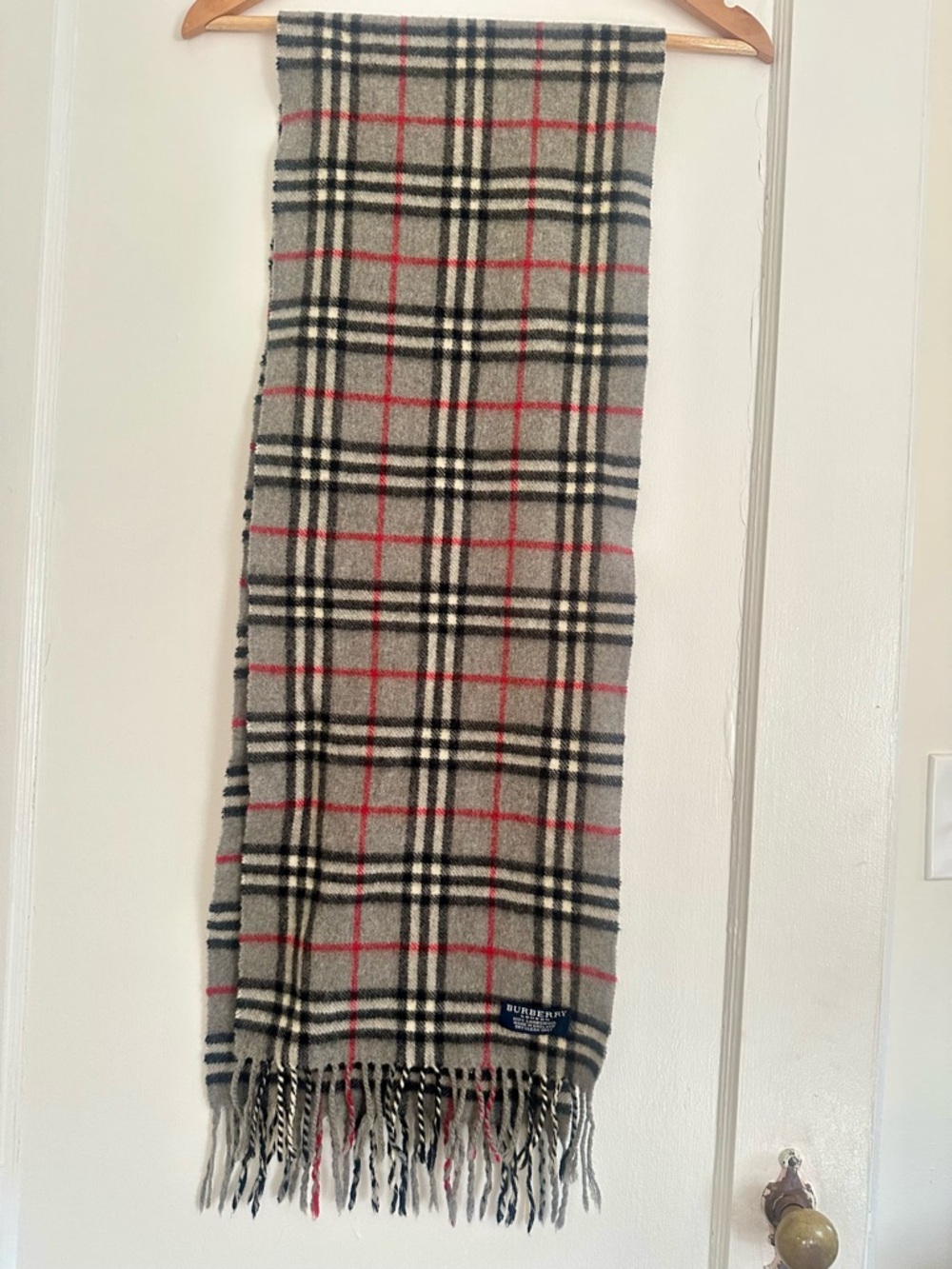 Burberry Plaid Lambswool Scarf in Beige, Black & Red Trim - Picture 2 of 4